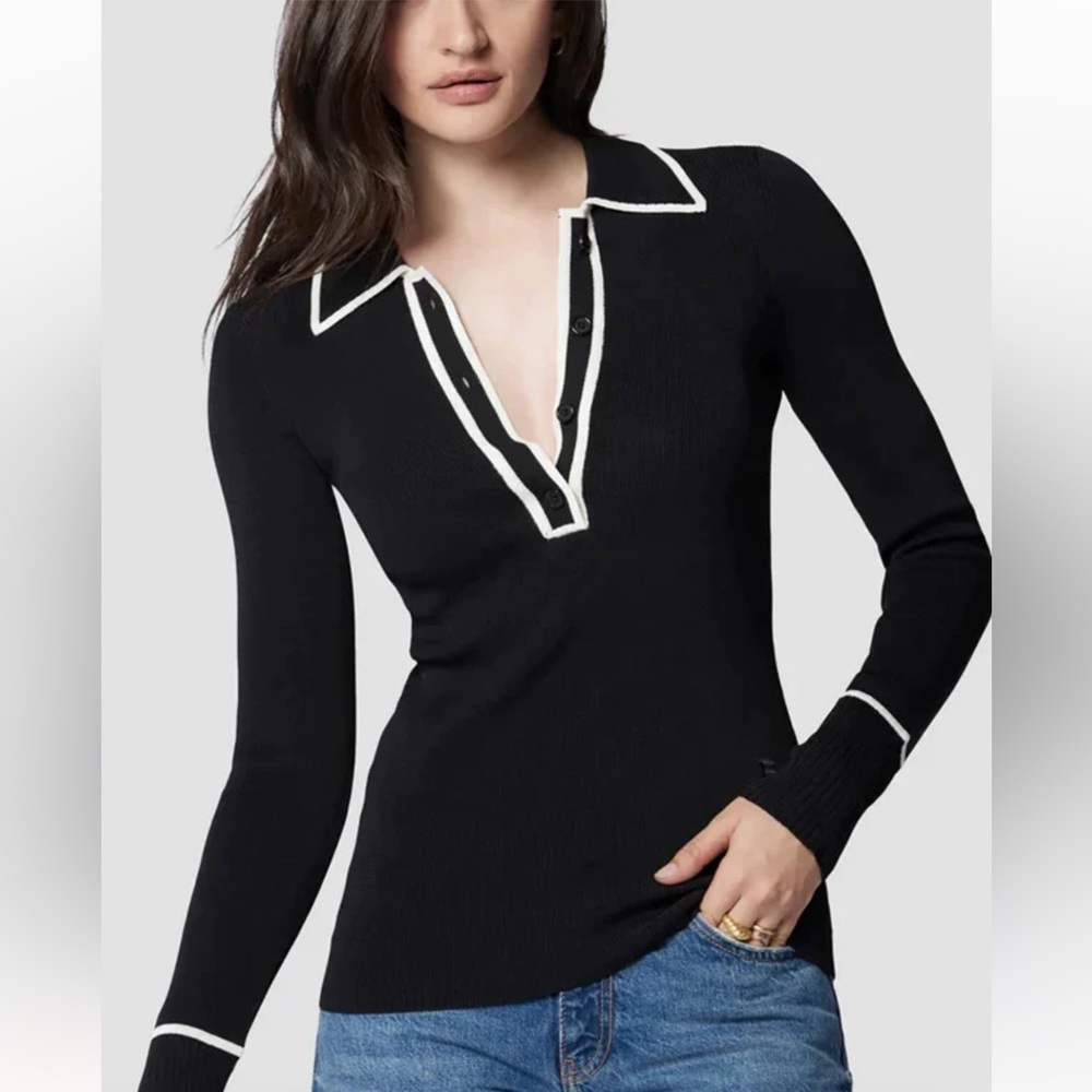 Equipment Black V-Neck Long Sleeve Polo Sweater with White Trim